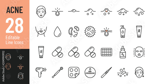 Obraz na płótnie Acne and Dermatology Skincare Treatment Line Editable Icons set