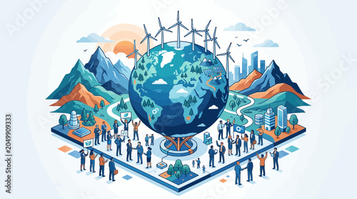 Foto Global Sustainability: Earth, Wind Turbines, Cityscape, Mountains, People, Renew