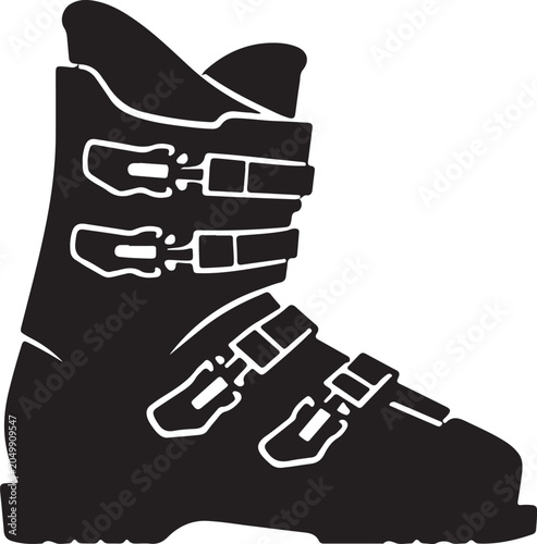 Black alpine ski boot with bindings