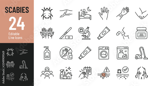 Bilde på lerret Scabies Symptoms, Treatment and Prevention Line Editable Icons Set