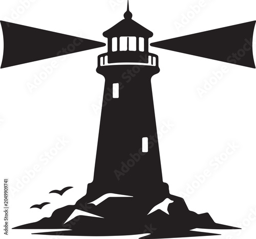Black and white lighthouse illustration with waves