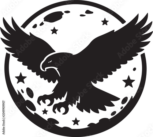 Eagle flying over moon with stars background