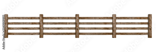 Bild auf Leinwand Rustic wooden farm fence isolated on a white background, featuring weathered timber rails and sturdy posts with natural wood grain texture