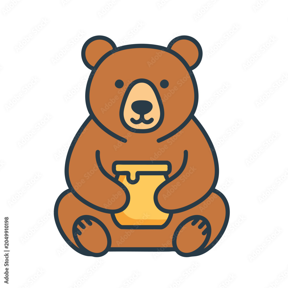 Fototapeta premium Cute cartoon bear character holding a jar of honey.