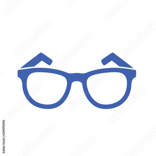 Minimalist blue icon of classic reading glasses isolated on white background.