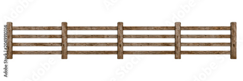 Tableau sur toile Rustic wooden farm fence isolated on a white background, featuring weathered timber rails and sturdy posts with natural wood grain texture