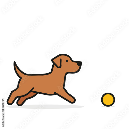 Cartoon vector illustration of a playful brown puppy running towards a yellow ball.