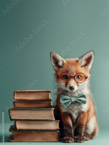 Smart Fox with Glasses Sitting Behind Books – Studio Education Concept Portrait