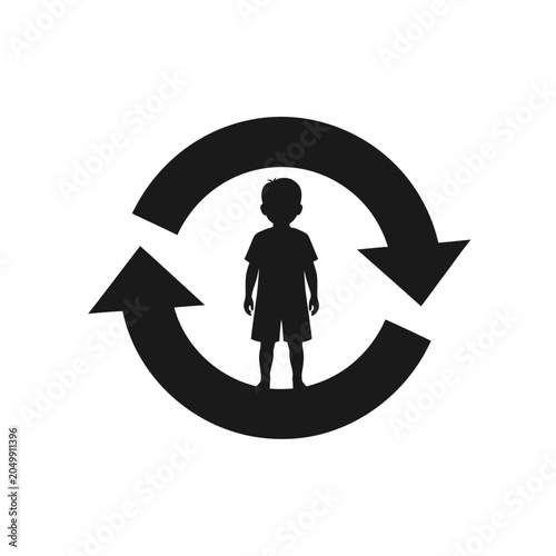 Child figure surrounded by triple rotating arrows.