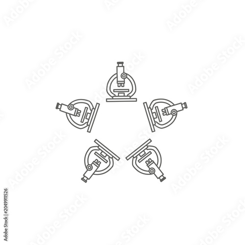 Circular arrangement of five microscope icons for research team.