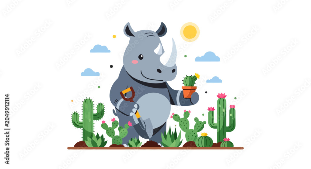 Fototapeta premium Cute Rhinoceros Planting Cactus in Sunny Desert Garden
