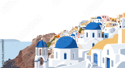 Traditional white village with blue domes overlooking the sea
