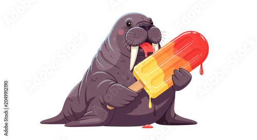 Cute Walrus Eating Melting Ice Pop on White Background