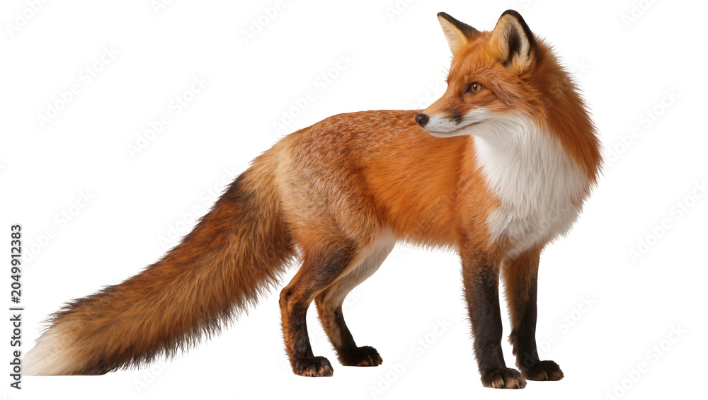 Fototapeta premium Red fox with bushy tail and white chest, isolated on transparent background