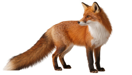 Red fox with bushy tail and white chest, isolated on transparent background