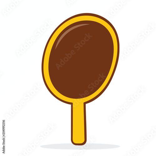 Cartoon hand mirror with a yellow frame and dark brown glass surface.