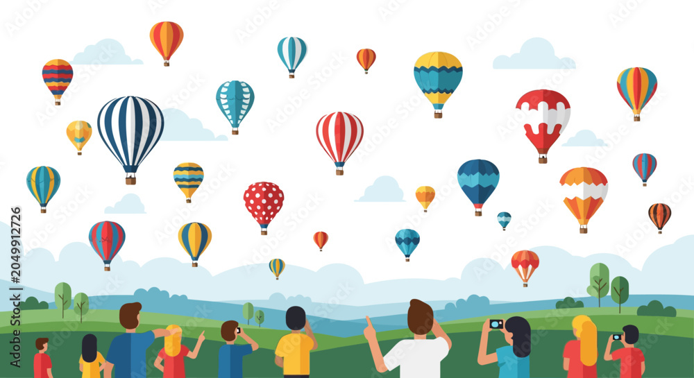 Fototapeta premium Hot Air Balloons Festival: People Watching Colorful Hot Air Balloons Against Sky