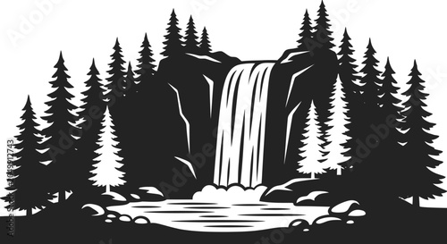 Bild auf Leinwand Forest waterfall silhouette vector illustration, wild river cascade surrounded b