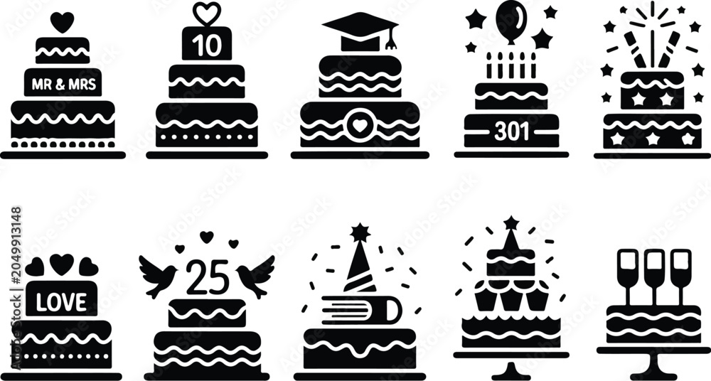 Fototapeta premium Minimalist cake and dessert glyph icon collection for special occasions and festive celebration designs