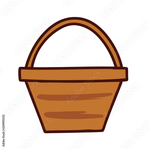 Simple hand drawn illustration of a wooden basket with a handle.