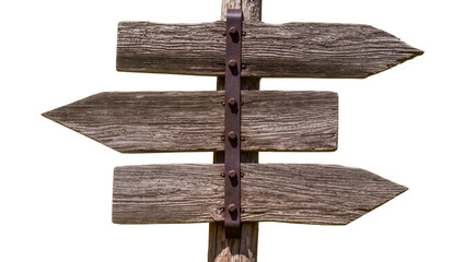 Rustic wooden directional signs with rusty metal fasteners, isolated on transparent background