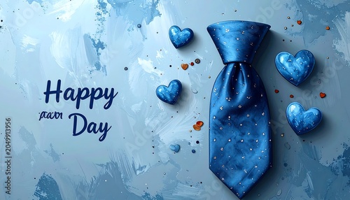A blue tie with white dots and 5 blue hearts on a blue background with text
