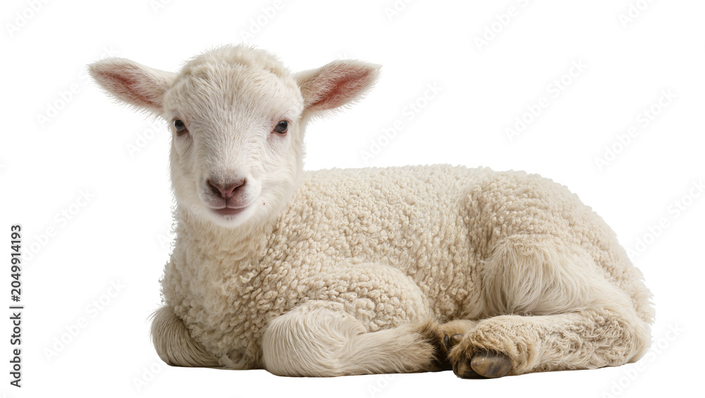 Fototapeta premium Fluffy white lamb resting peacefully, isolated on transparent background