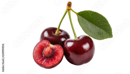 Dark red cherries with green stem and leaf one cut in half, isolated on transparent background