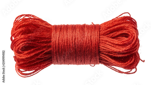 Cuadro en lienzo Bright red yarn spool with loose threads, isolated on transparent background