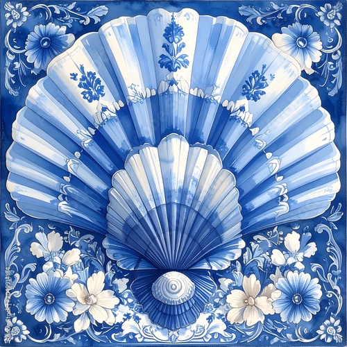 A blue and white fan with floral designs on a decorative background