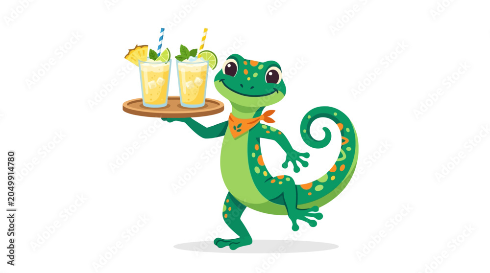Obraz premium Cartoon Gecko Server Holding Tropical Drinks on Tray
