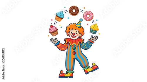 Clown juggling donuts and cupcakes, fun and festive, isolated on white background.