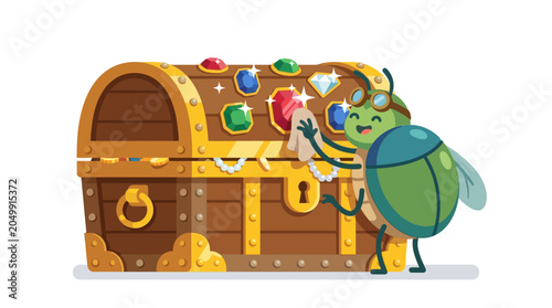 Cute beetle polishing a treasure chest full of jewels