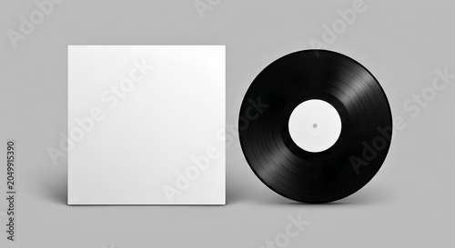 Blank white vinyl record sleeve and black LP mockup - Minimalist retro music album - Presentation cover template
