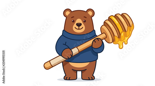 Cute cartoon bear holding honey dipper with dripping honey
