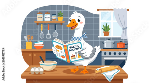 Cute cartoon duck reading a baking cookbook in a cozy kitchen, illustration.