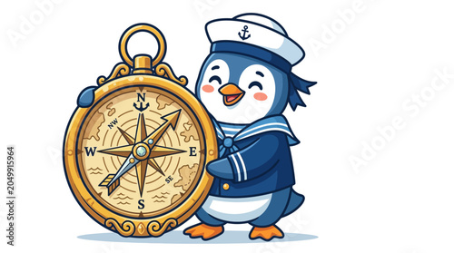 Cute cartoon penguin sailor holding antique brass compass on white background
