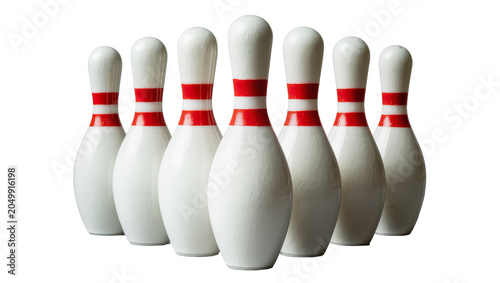 Photography Seven white bowling pins with red stripes, isolated on transparent background