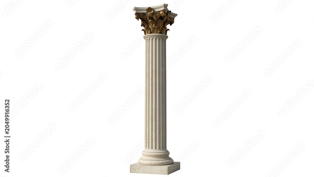 Fototapeta premium Ornate golden Corinthian capital atop a fluted marble column, isolated on transparent background