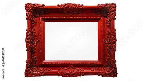 Fotografie Ornate red baroque picture frame with intricate carvings, isolated on transparen