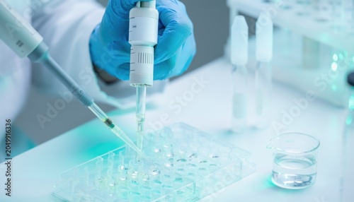 Laboratory research with pipette transfer in scientific experiment setup with test samples in modern environment