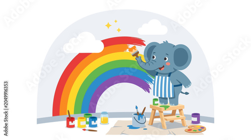 Cute elephant painting a rainbow on a wall, surrounded by art supplies