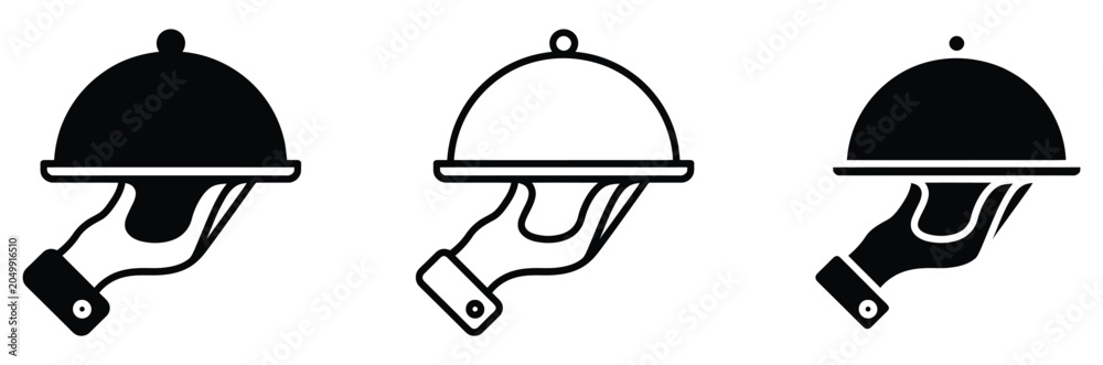Fototapeta premium Three cloche icons in black and white for food service and restaurant concepts