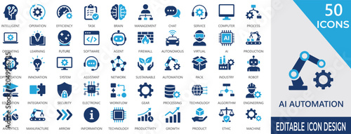 Fotografie AI Automation solid icon set with artificial intelligence, efficiency, future, software, workflow,  productivity, robotic ,  and smart technology symbols