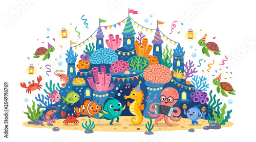 Underwater Castle Celebration: Cute Sea Creatures Party with Clownfish, Seahorse