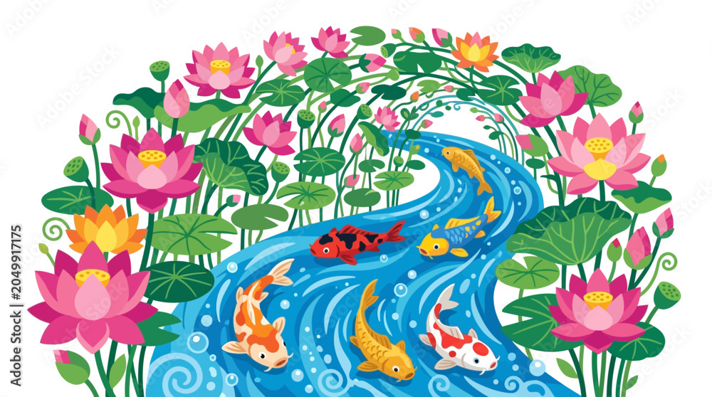 Fototapeta premium Vibrant Koi Fish Swimming in a Flowing Stream Surrounded by Lotus Flowers