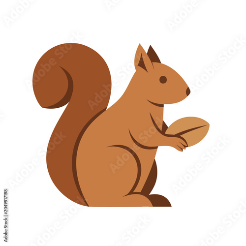 A cute brown squirrel holding a nut in a flat vector style illustration.