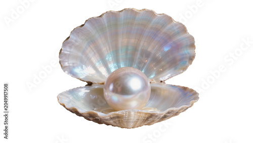 Tableau sur toile Large iridescent oyster shell holding a single lustrous pearl, isolated on trans