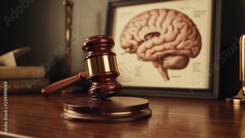 Classic wooden gavel with brass band resting on dark mahogany desk featuring framed human brain diagram in blurred background, for legal and, medical concept imagery