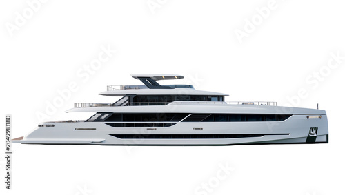 Modern white luxury superyacht with multiple decks and large windows, isolated on transparent background
